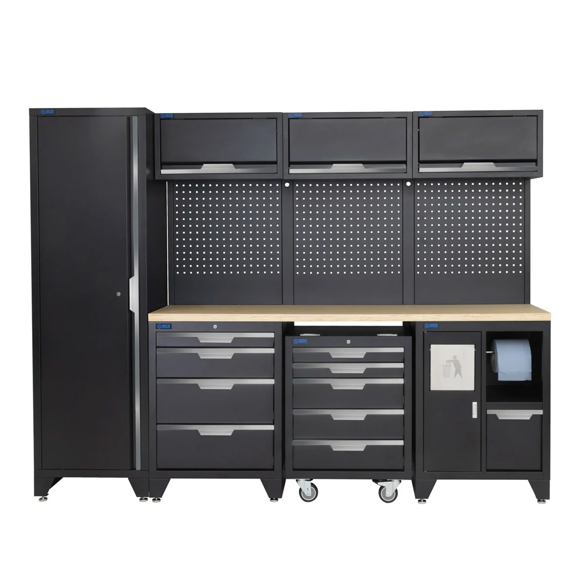 SGS 10pc Garage Storage System | 9 Drawers | Pressed Wood Worktop | Tall Single Cabinet | Bin Unit | Mobile Cabinet | 3x Upper Cabinets